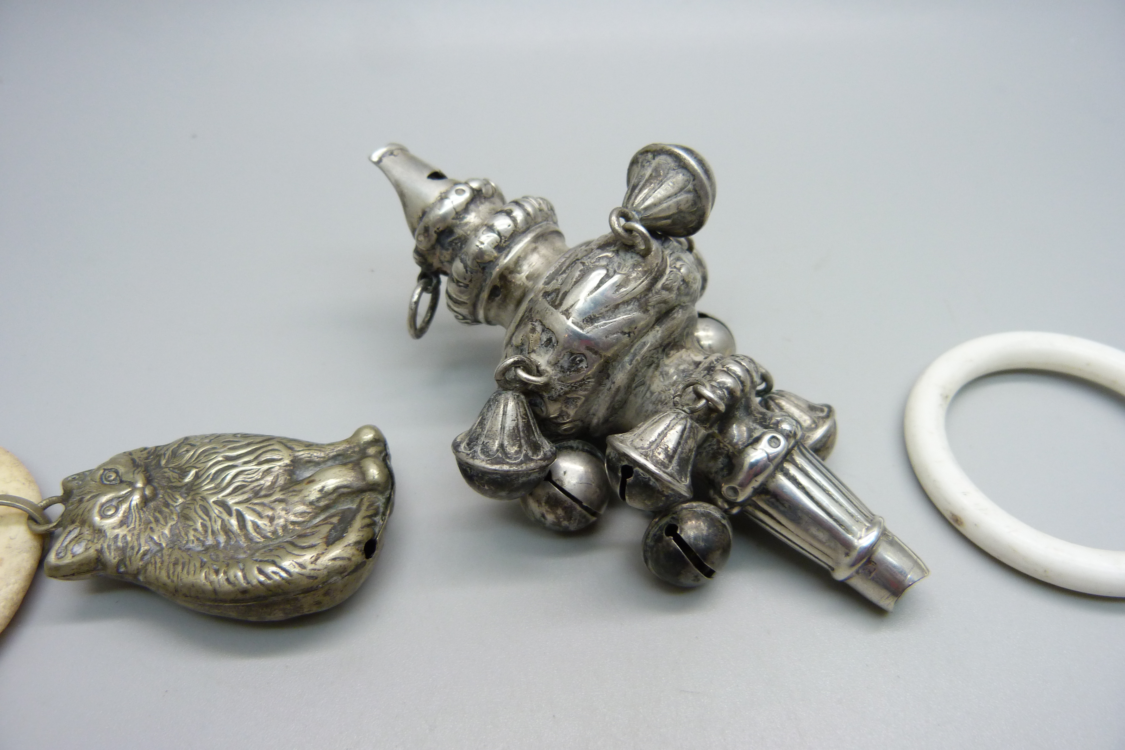 A Victorian silver rattle/whistle, Birmingham 1896, a Teddy bear rattle and a cat rattle - Image 2 of 4