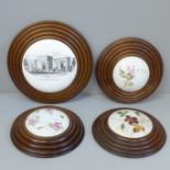 Four wooden framed pot lids including Grand Entrance to Hyde Park