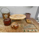 A collection of items including a wooden biscuit barrel, a marquetry card case, a box of oriental