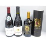 Three bottles of red wine; Mastro Giulo Pasotti Appassimente, boxed, a bottle of Le Moulin Teroud