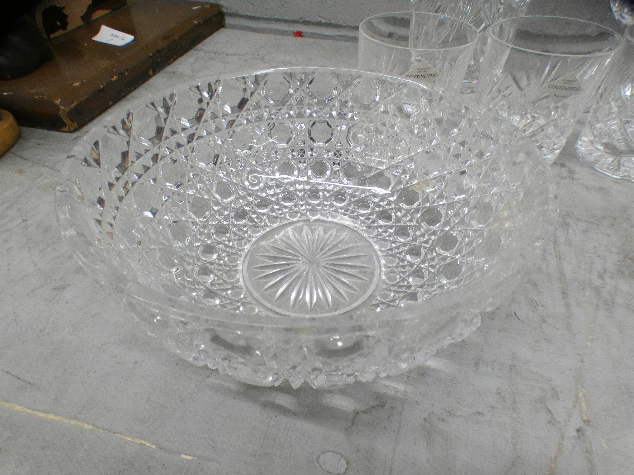 A bohemia crystal vase, boxed, six glass tumblers, a small fruit/trifle bowl, a tall glass vase - Image 2 of 5