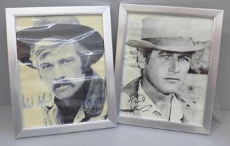 Two signed black and white publicity photographs, Robert Redford and Paul Newman, Paul Newman with