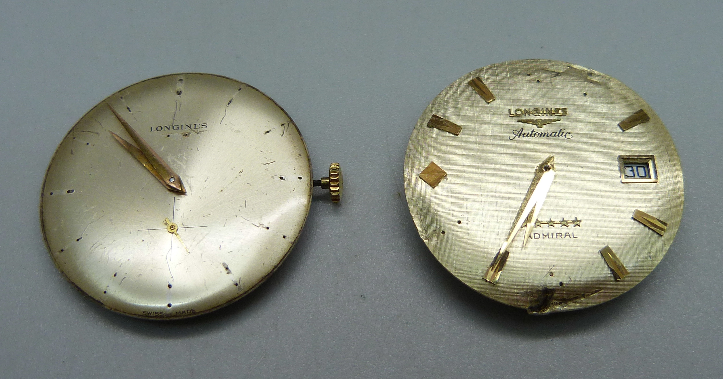 Two gentleman's Longines watch movements, one manual and one automatic, a/f