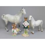 Two Beswick Palomino horses, both with chip to one ear, Beatrix Potter figure Mrs Rabbit, chip to