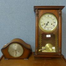 A mahogany wall clock and a Smith's Art Deco mantel clock