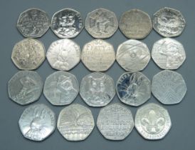 Nineteen collectable 50p coins including eight Beatrix Potter, two Paddington, etc.