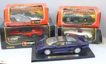 Five Burago model vehicles, four boxed
