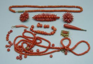 Three coral necklaces, a pair of clip-on earrings, etc., (some a/f including brooch lacking pin)