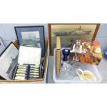 A collection of assorted items including a doll, glassware, a boxed set of whisky glasses and