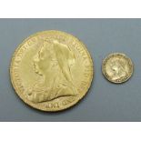 A 1900 gold full-sovereign and a miniature 1901 gold 'coin', (small coin 0.2g)
