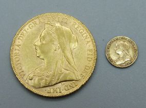 A 1900 gold full-sovereign and a miniature 1901 gold 'coin', (small coin 0.2g)