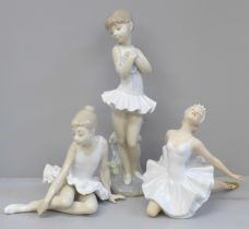 Two Nao figures of ballet dancers and one German figure