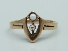 An Arts and Crafts Jugendstil 14ct gold ring marked 585 and set with an opal and a diamond, inner