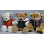 Three Harrods teddy bears, 2000, 20001 and 2015 and a Mulholland & Bailic Labrador on wheels