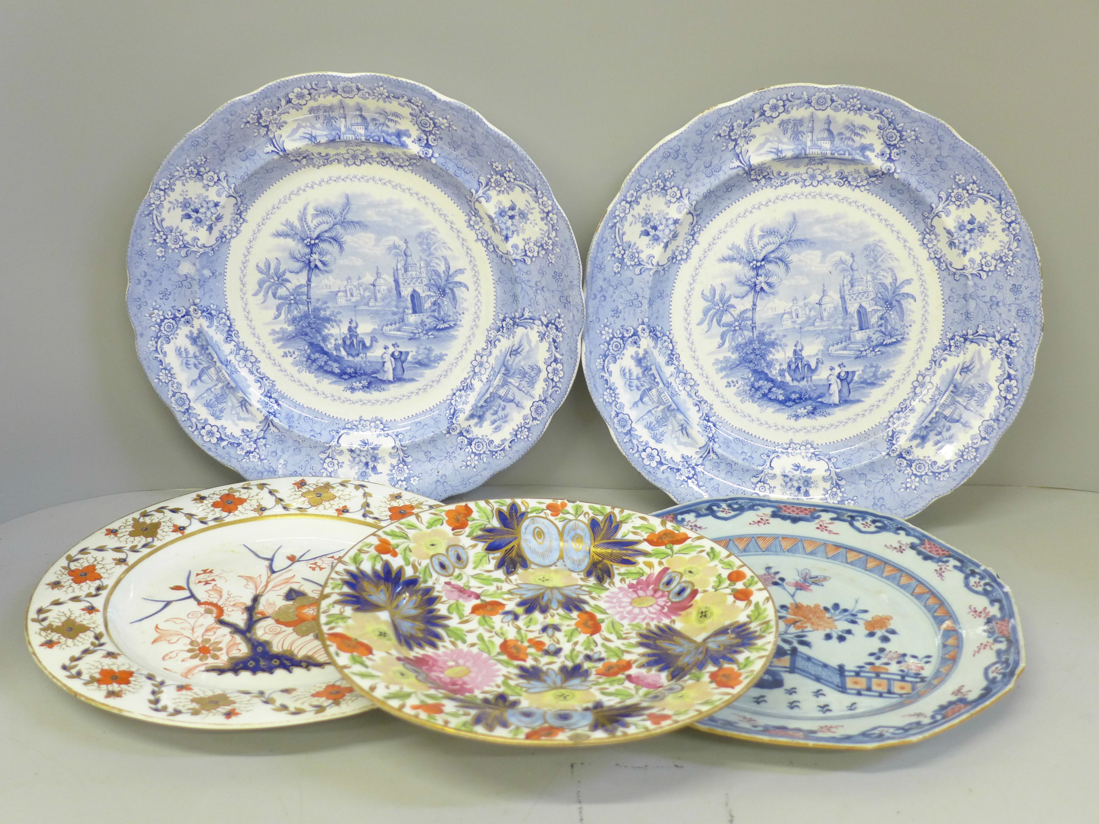 An 18th Century Chinese porcelain plate, Crown Derby plate and creamware plate and two 19th