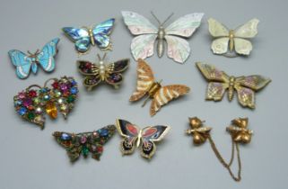 Butterfly brooches including one enamel and one Czech, (one lacking pin)