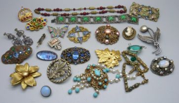 A collection of Czech brooches and a necklace