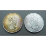 Two Canada fine silver 1oz. 5 Dollars coins, both 2020