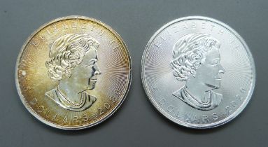 Two Canada fine silver 1oz. 5 Dollars coins, both 2020