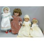 Four porcelain dolls; Byron BD5, AM Germany 352/3, Otto Kunz 6789/40 and A9T GW back stamps