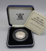 A Royal Mint 1992-1993 silver proof fifty pence coin