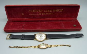 A 9ct gold Excalibur wristwatch and a lady's 9ct gold cased wristwatch on a plated bracelet