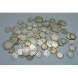 A collection of silver coins including Victorian and 3d, 131g