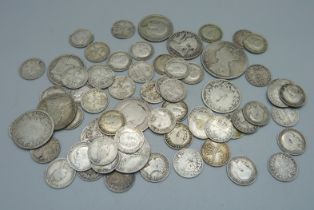 A collection of silver coins including Victorian and 3d, 131g