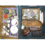 Two boxes of assorted items; plated cutlery, Cameras including vintage Kodak, matchbooks, whistle,