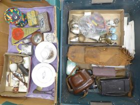 Two boxes of assorted items; plated cutlery, Cameras including vintage Kodak, matchbooks, whistle,