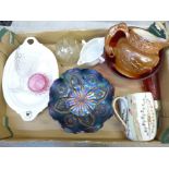 Two carnival glass dishes, cranberry glass shaker, pot and bowl, Studio Pottery jug, salt glaze jug,