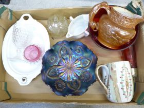 Two carnival glass dishes, cranberry glass shaker, pot and bowl, Studio Pottery jug, salt glaze jug,