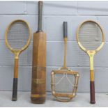 Three vintage tennis rackets and a Gunn & Moore 'The Cannon' cricket bat