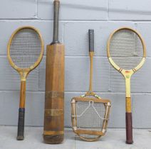 Three vintage tennis rackets and a Gunn & Moore 'The Cannon' cricket bat