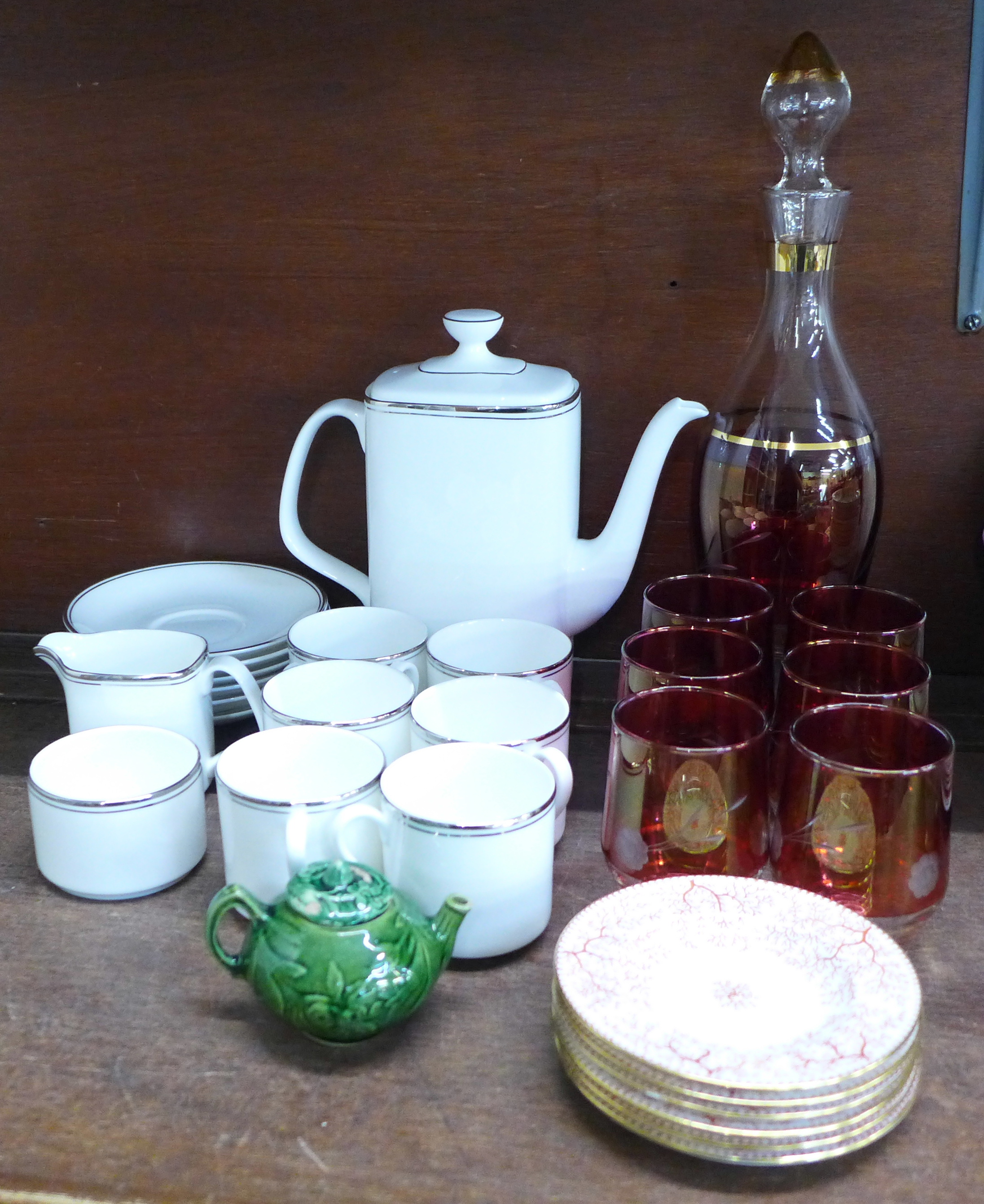 A Royal Doulton Platinum Concorde set comprising a coffee pot, milk jug, sugar bowl and six cups and