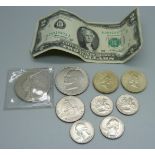 A Five Pounds coin, US coins including 1971 one dollar, half and quarter dollars, a two dollar