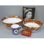 Two Royal Worcester Queen Elizabeth II Golden Jubilee porcelain bowls, a mug, book and Coronation