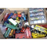 A large box of playworn die-cast metal model vehicles, Dinky, Corgi and others