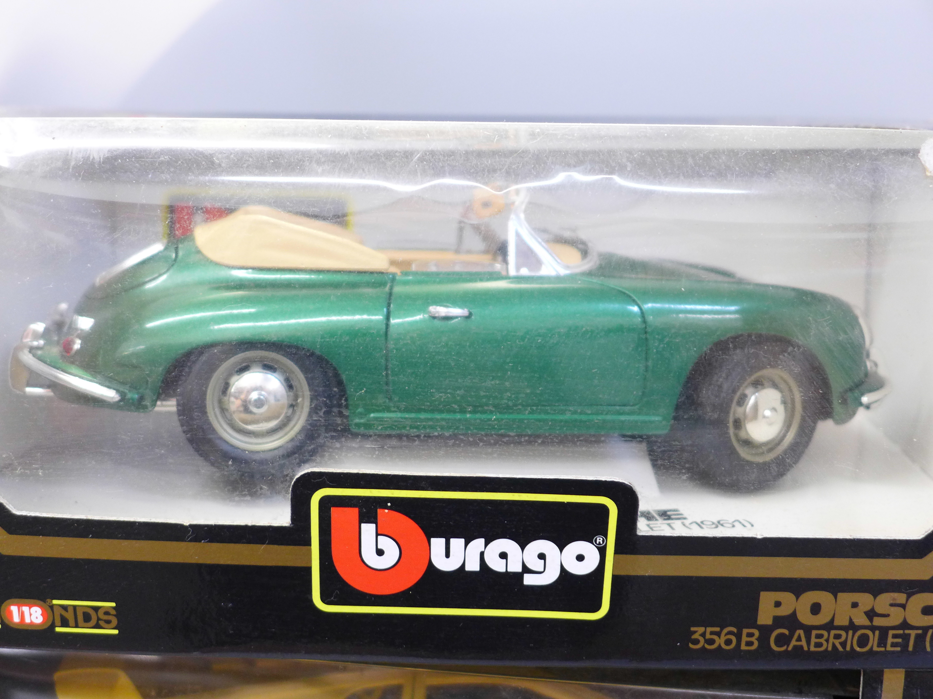Four Burago die-cast metal 1/18 scale sports cars, Porsche 356B Cabriolet, Ferrari 250 Testa - Image 3 of 3