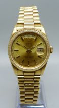 A gentleman's 18ct gold Rolex Oyster-Perpetual Day-Date wristwatch, President bracelet with crown