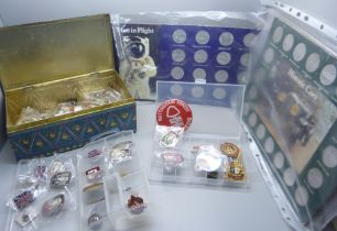 A tin of badges and coin collection cards (5)