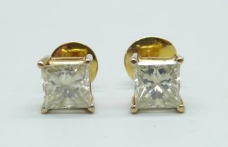 A pair of princess cut diamond ear studs, approximately 2ct total diamond weight