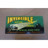 A 1930s lithograph printed tin Invincible Motor Insurance sign