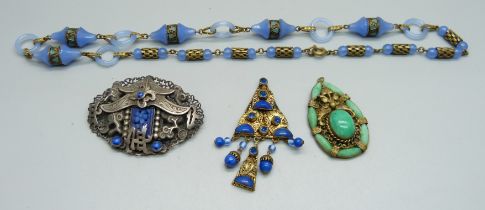 A Czech brooch, possibly by Neiger Brothers, a blue glass necklace and two pendants