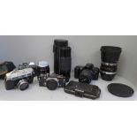 Five cameras, Canon, Mamiya, etc., a/f, Sigma lens x2 and one larger lens