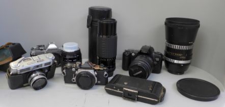 Five cameras, Canon, Mamiya, etc., a/f, Sigma lens x2 and one larger lens