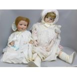 Two porcelain and composition dolls, Bru Jne 13 back stamp with fixed eyes and 585 13 Germany back