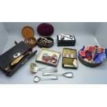 Assorted items including clock and watch keys, a pair of gentleman's cufflinks, a bicycle repair