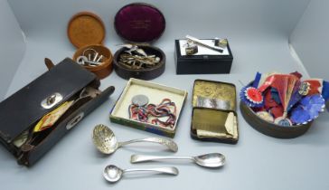 Assorted items including clock and watch keys, a pair of gentleman's cufflinks, a bicycle repair