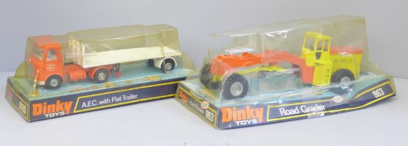Two Dinky Toys model vehicles - A.E.C. with flat trailer, 915 and Road Grader, 963 in original